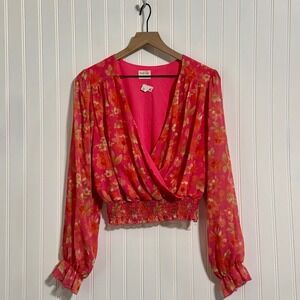 Peach Love California Floral Crop Top NWOT Coquette L Smocked Pink Boho Romantic